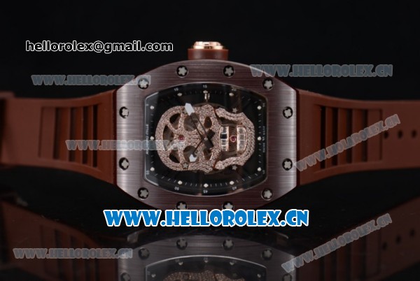 Richard Mille RM052 Miyota 9015 Automatic PVD/Rose Gold Case with Skull Dial and Dot Markers Brown Rubber Strap - Click Image to Close